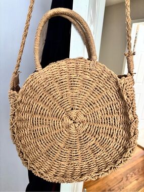 Woven Round Straw Crossbody Bag - Natural